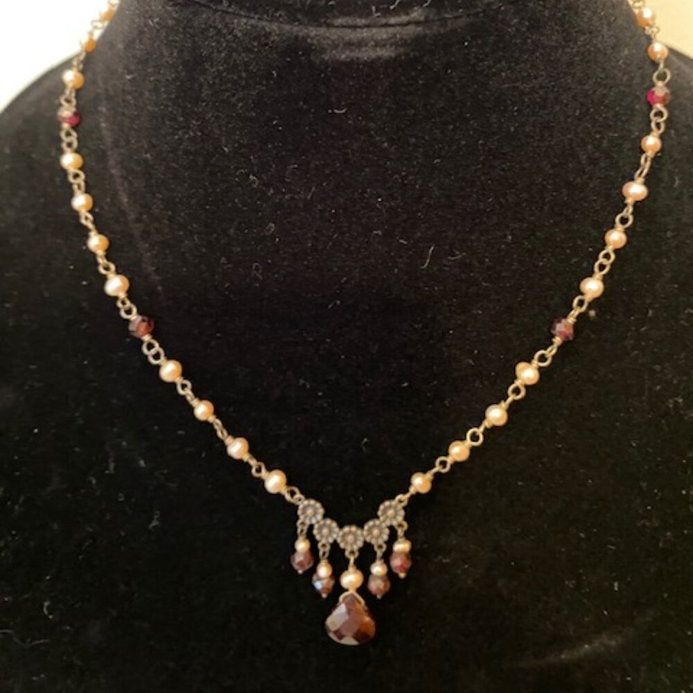 Garnet and pearl silver necklace - Liza Shtromberg